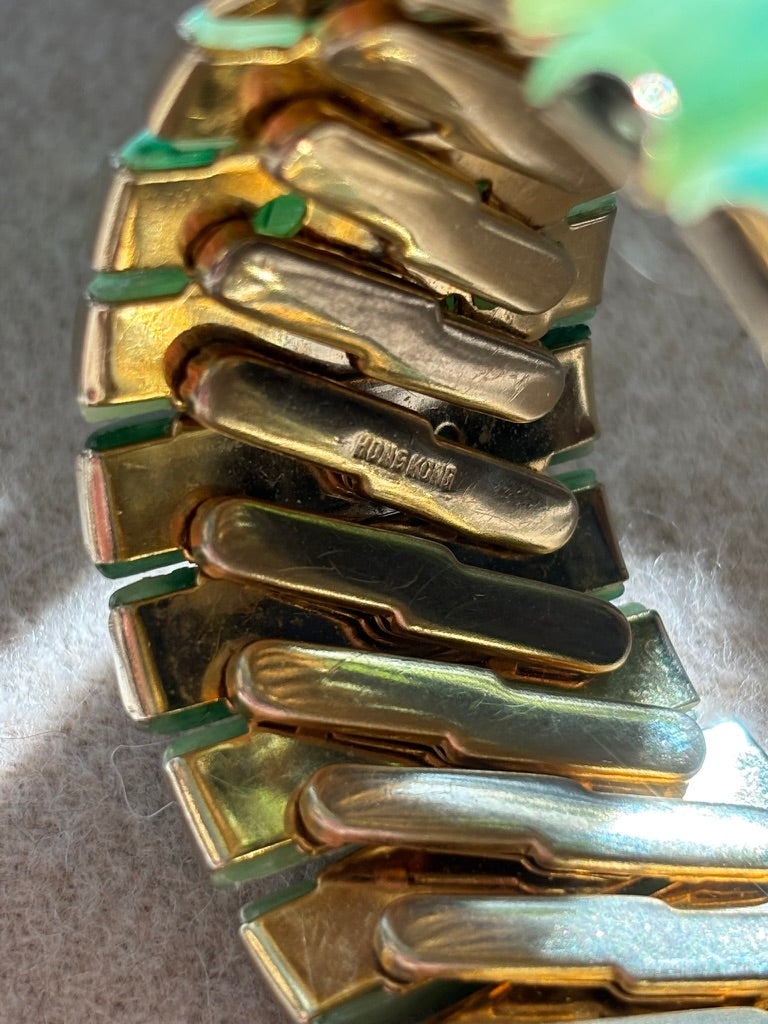 Vintage Hong Kong Jade-Look Lucite Link Bracelet | Mid-Century Gold Tone Statement