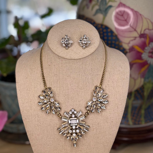 J.Crew Crystal Statement Necklace & Earrings Set | Gold Tone Floral Rhinestone | Modern Collectible