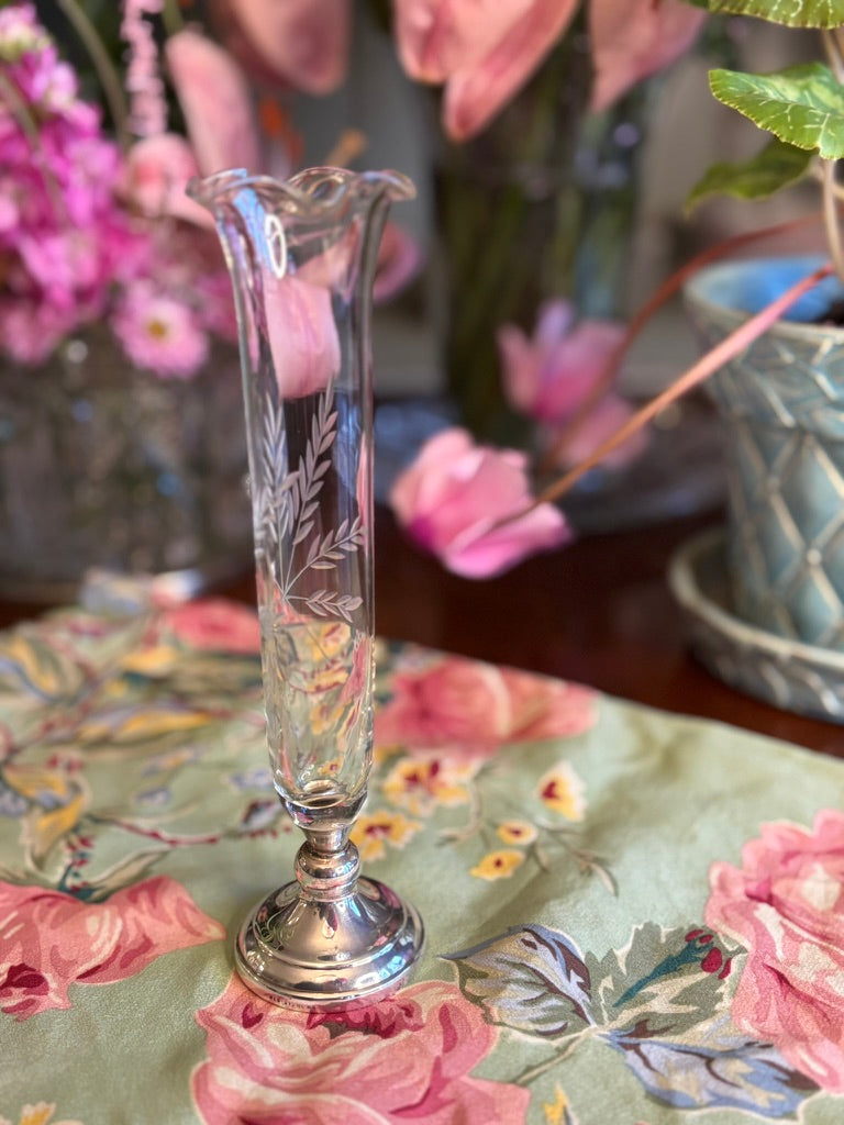 Vintage Webster Sterling Bud Vase with Etched Glass Wheat Motif | Mid Century Silver Accent