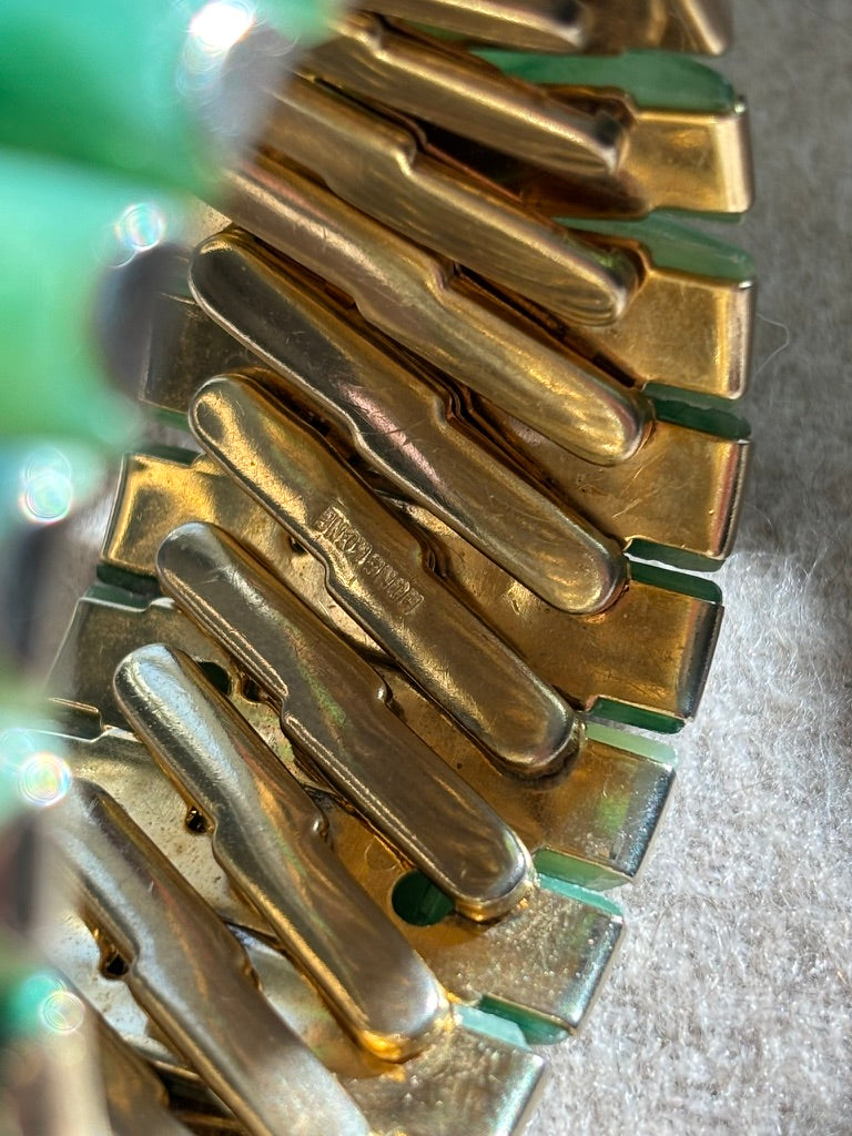 Vintage Hong Kong Jade-Look Lucite Link Bracelet | Mid-Century Gold Tone Statement