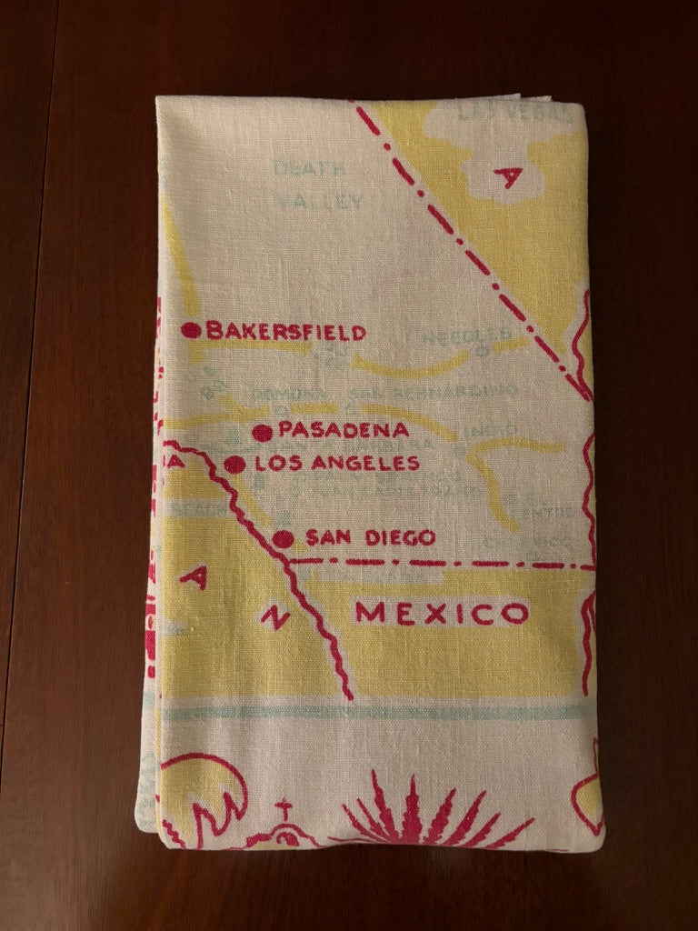Vintage California Map Tablecloth | Mid-Century West Coast Souvenir Linen in Pink, Butter Yellow & Aqua | 58 x 50
