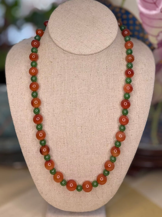Vintage Carnelian & Green Aventurine Gemstone Necklace with 14K Gold Clasp