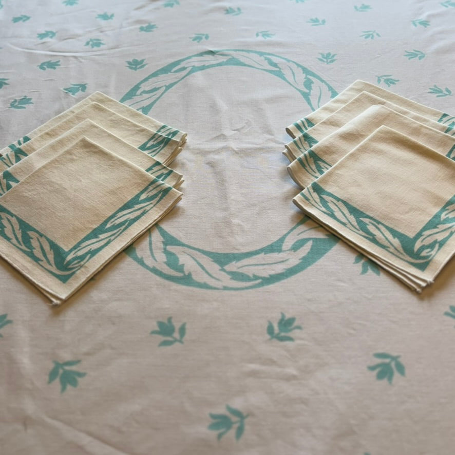 Vintage Mid-Century Teal Laurel Wreath Tablecloth Set | Graphic Border Cloth with 8 Matching Napkins
