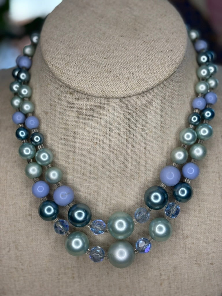 Vintage Japanese Double Strand Faux Pearl Necklace in Seafoam and Teal