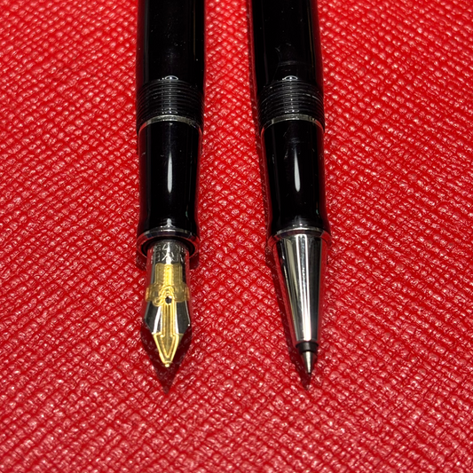 Parker Duofold Mk II International Black/Silver 2-Piece Writing Set — Fountain Pen & Rollerball, 18K Fine Nib, c. 1996–early 2000s