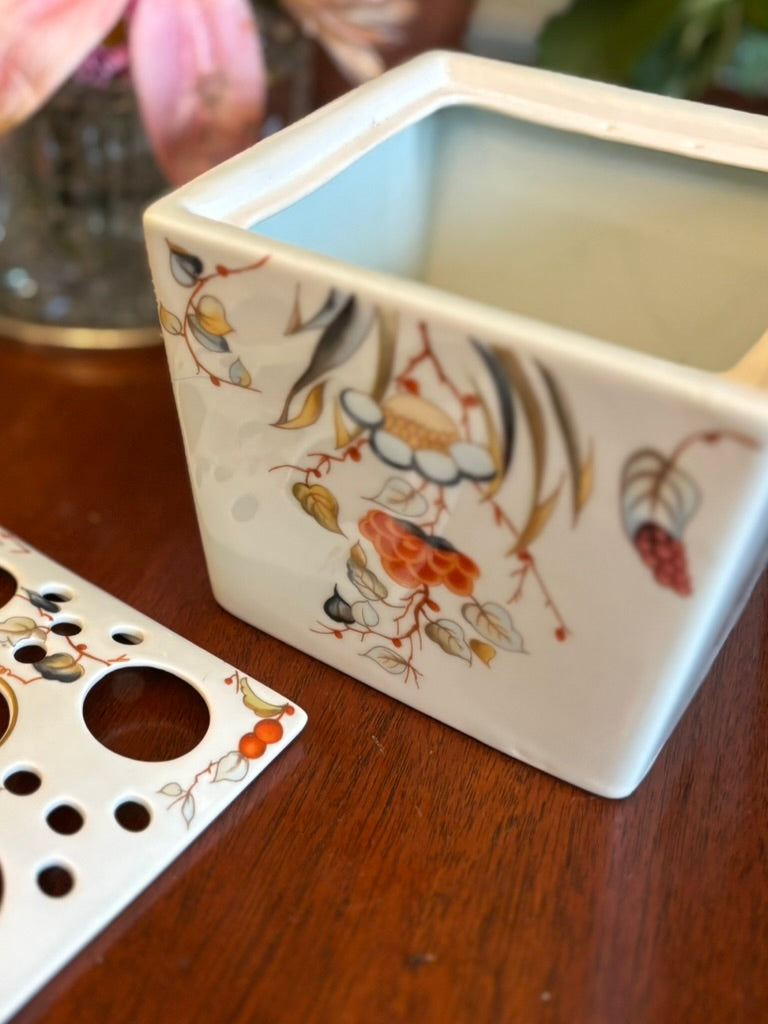 Vintage Porcelain Flower Frog Vase – Hand Painted Botanical Cube Posy Holder – Ikebana Floral Arranging Block