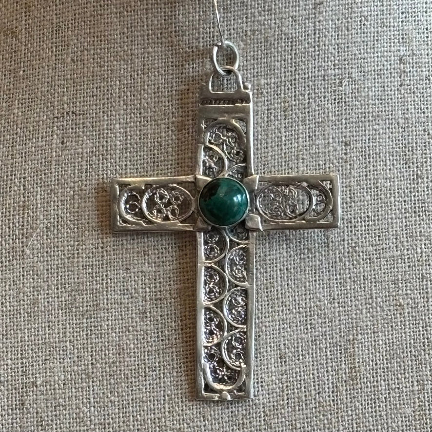 Vintage Sterling Silver Filigree Cross Pendant | Green Cabochon | 925 Silver