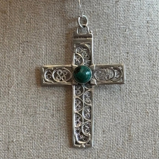 Vintage Sterling Silver Filigree Cross Pendant | Green Cabochon | 925 Silver
