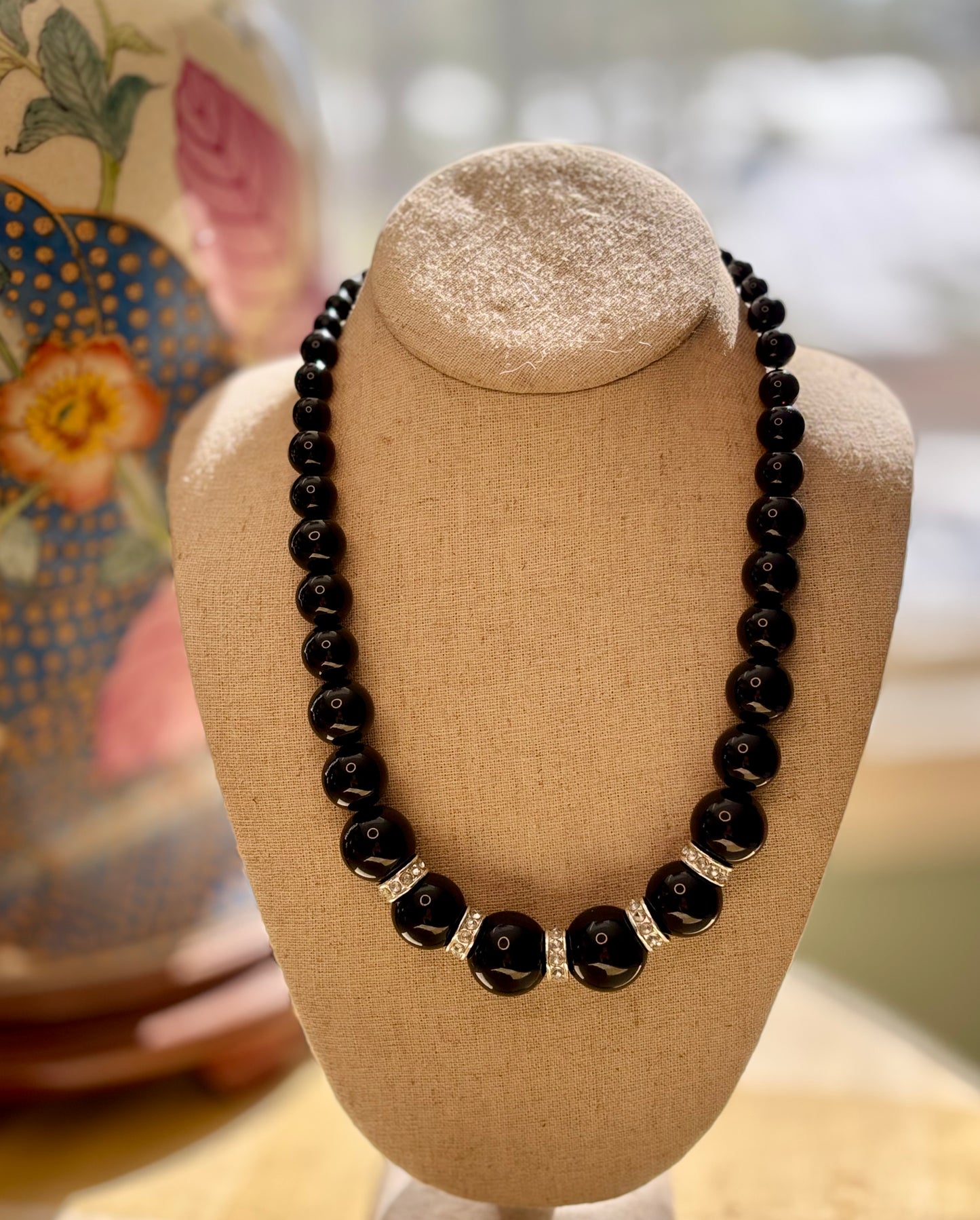 Black Graduated Bead Necklace with Rhinestone Spacers