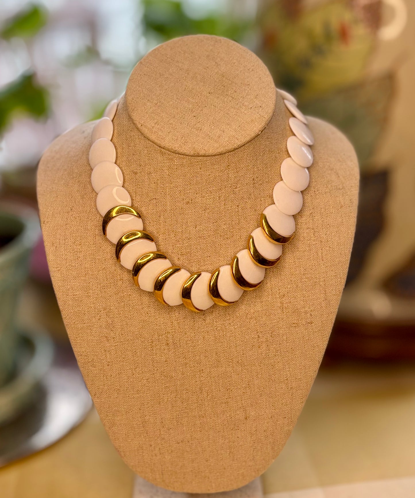 Vintage Napier White Lucite Disc Necklace with Gold Crescent Spacers