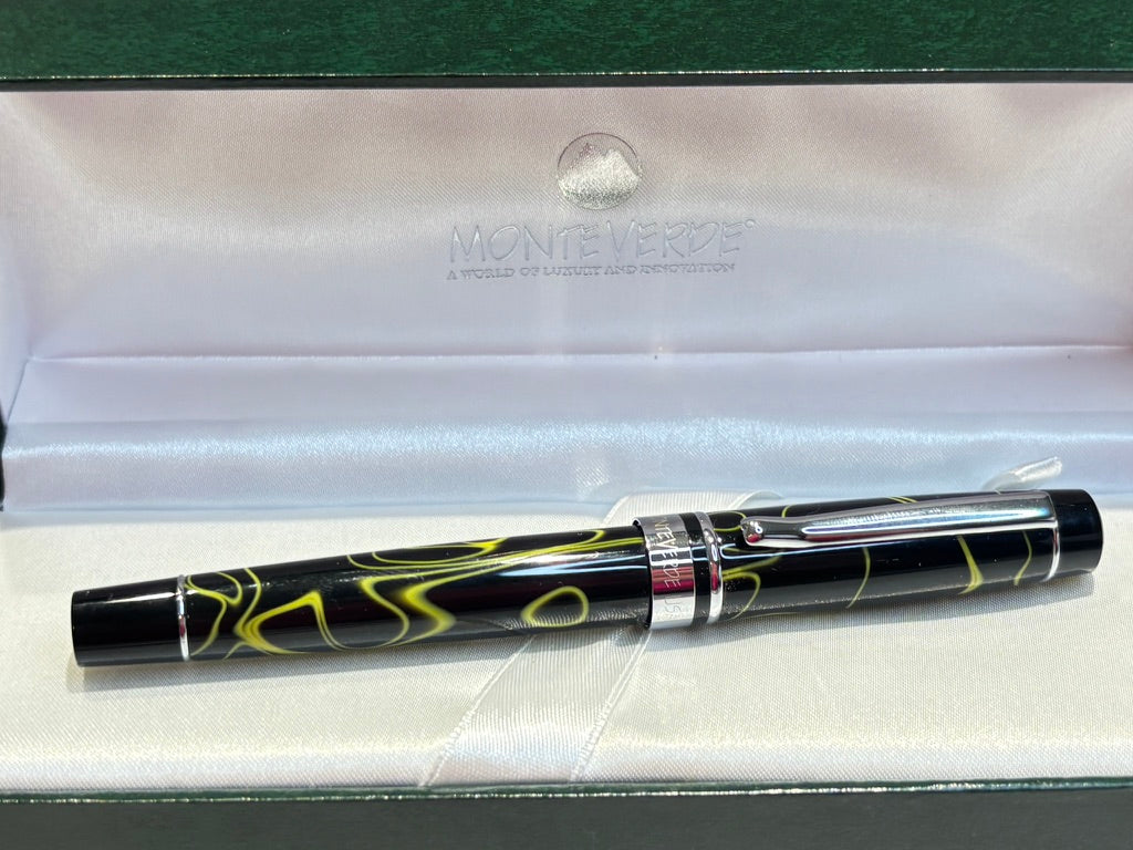 Monteverde Prima Rollerball Pen | Black & Yellow Swirl Acrylic Resin | New Old Stock in Box