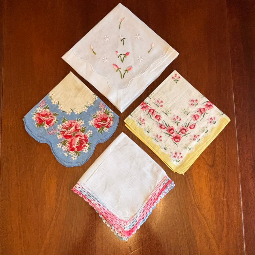 Vintage Handkerchief & Small Napkin Set (4) | Floral Prints & Crocheted Edge | Mid-Century Cotton & Linen