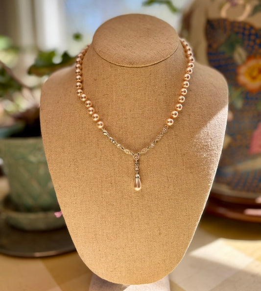 Vintage Champagne Faux Pearl Necklace with Rhinestone Drop Pendant