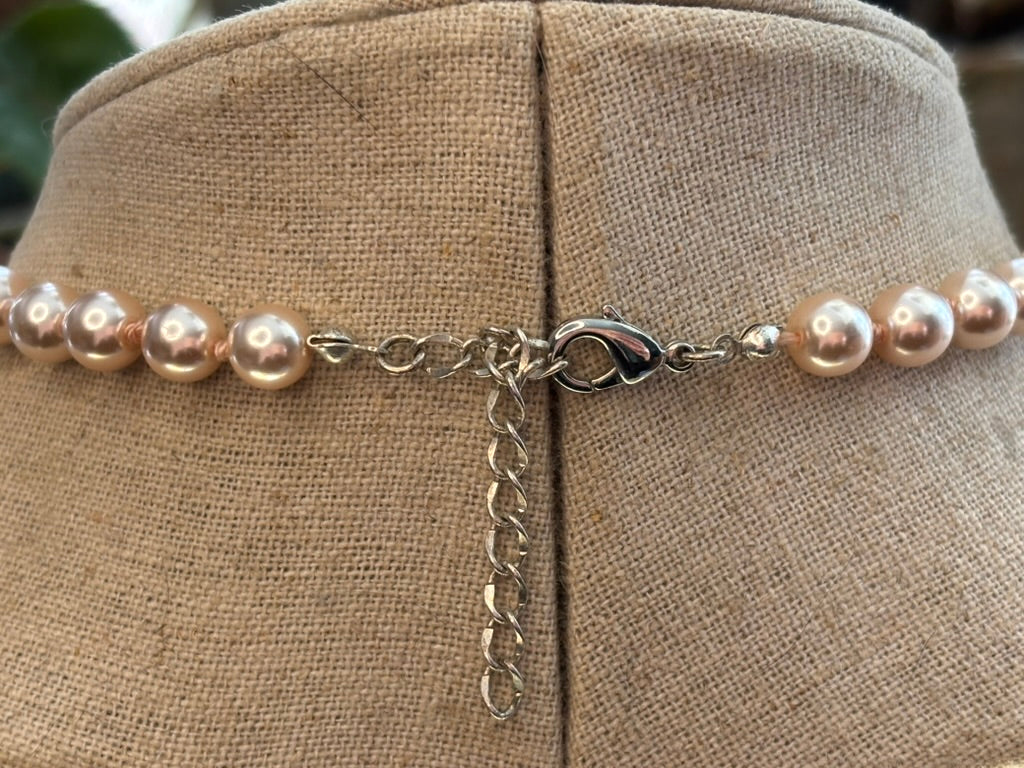 Vintage Champagne Faux Pearl Necklace with Rhinestone Drop Pendant