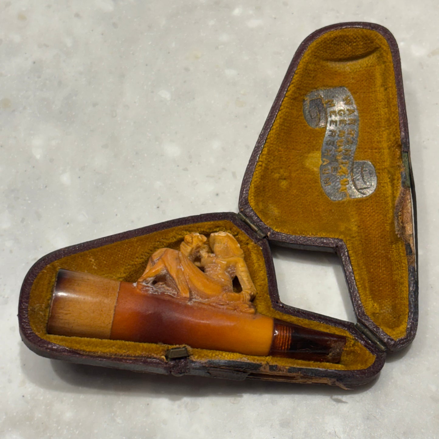 Antique Austrian Figural Meerschaum Pipe with Mythological Satyr & Reclining Woman | Original Amberoid Mouthpiece & Leather Case | c. 1890–1910