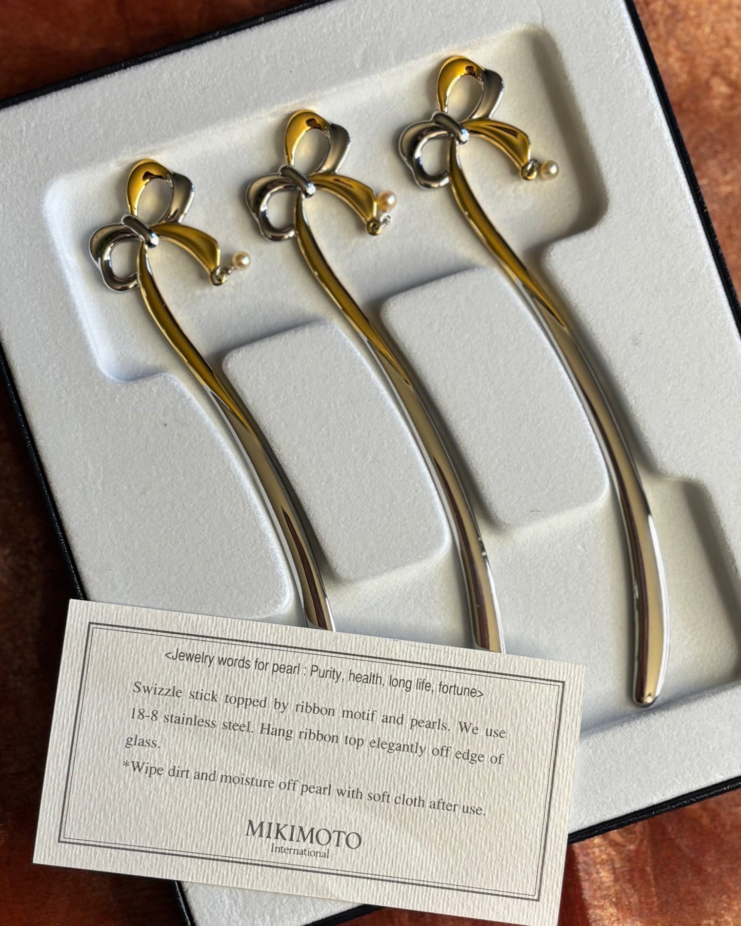 MIKIMOTO Pearl Swizzle Sticks — Expo 2005 Commemorative Set | Cultured Pearl Cocktail Stirrers | Boxed