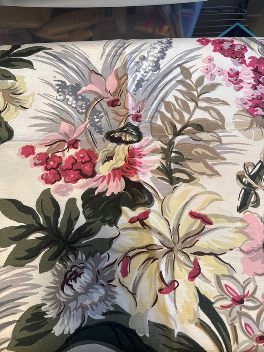 Vintage Hand-Printed Floral Furnishing Fabric | 6 1/3 Yards x 50” Wide | Romantic Mid-Century Decorator Textile