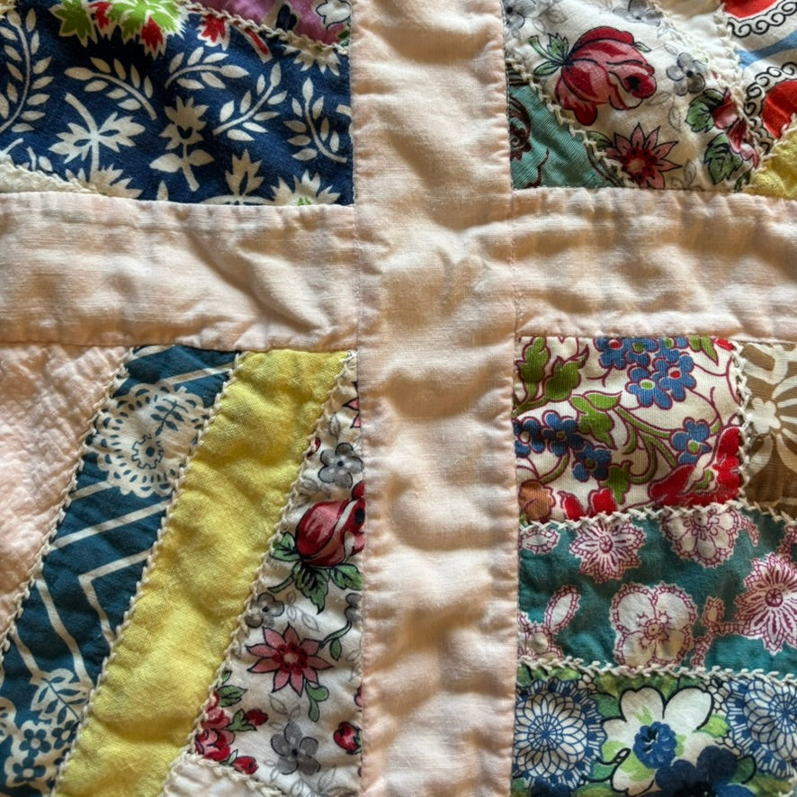 Vintage Cradle Quilt | Patchwork Feedsack Florals & Pastels | Handcrafted Cotton | 23" x 34.5"