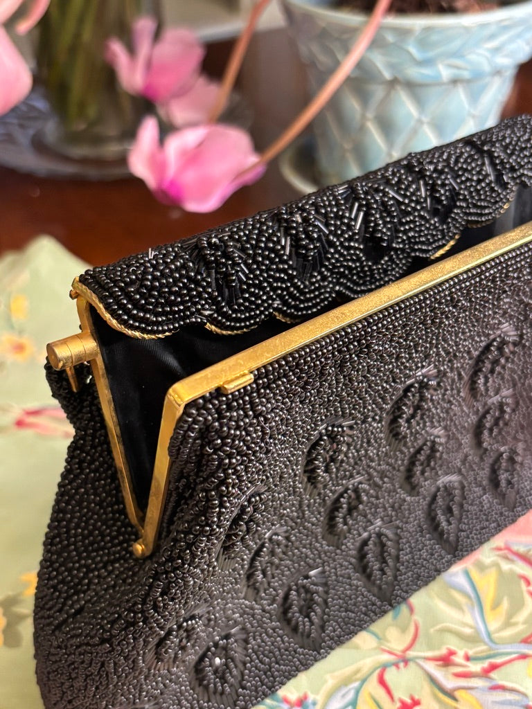 Vintage Black Glass Beaded Evening Bag | Leaf Motif | Gold Frame Top Handle | 1960s Cocktail Purse