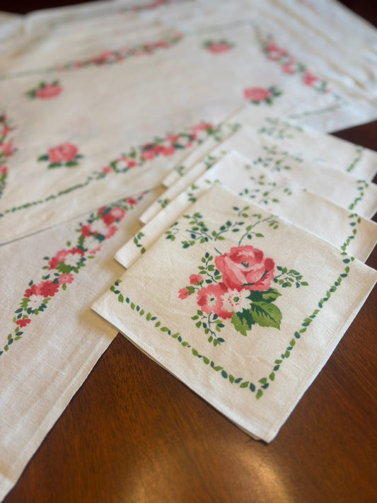 Vintage Card Table Linen Set | Pink Rose Garland & Lattice Border | Mid-Century Cotton | Cloth, 4 Placemats & 4 Napkins
