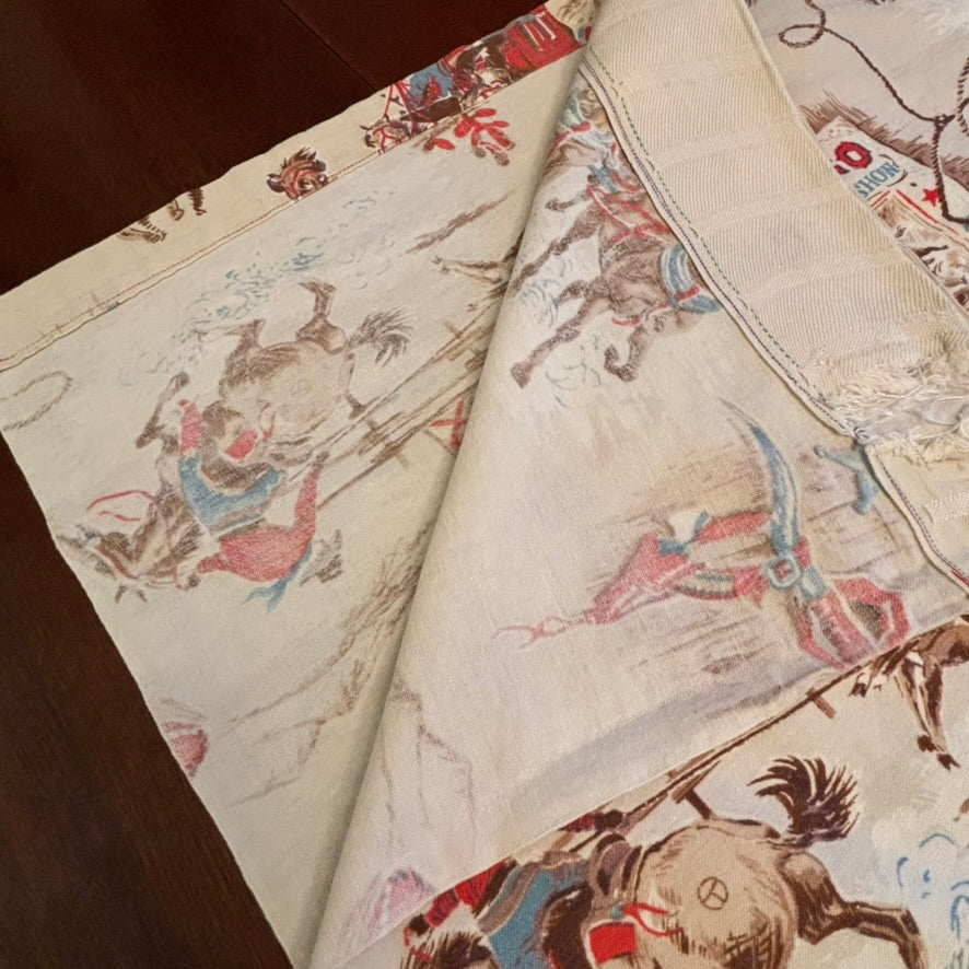 Vintage Western Americana Textile Bundle | Rodeo Panel + Southwestern Café Curtains | Mid-Century Novelty Cotton Set
