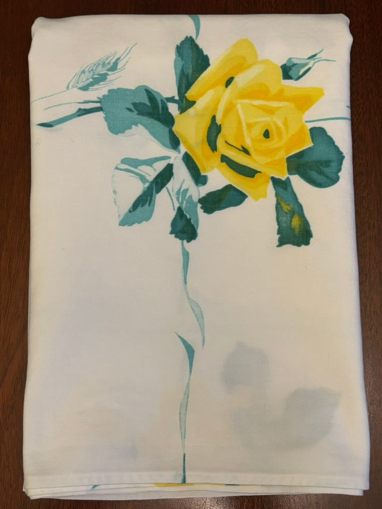 Vintage Floral Tablecloth | Yellow Rose Print on Cream Ground | Cottage Garden Style | 48 x 48