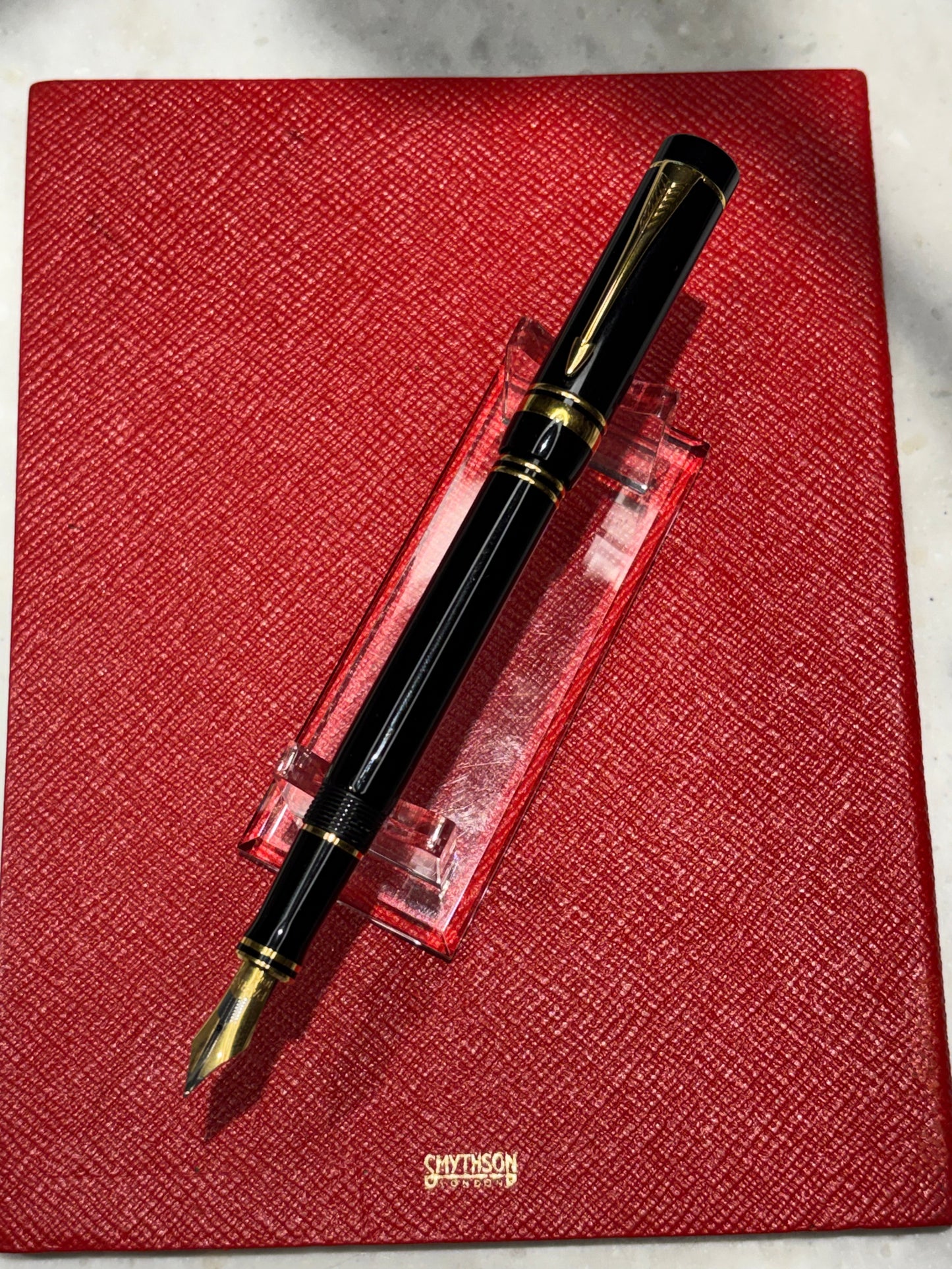 Parker Duofold Mk I International Fountain Pen — Black/Gold, 18K Fine Nib, c. 1990–1995