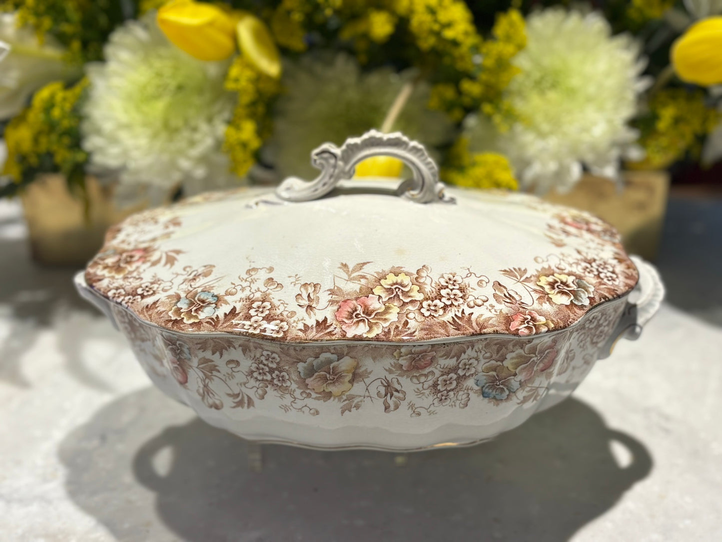 Vintage Johnson Brothers “Pansy” Covered Serving Dish | Brown Transferware Floral | England