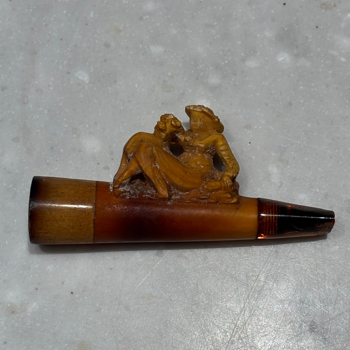 Antique Austrian Figural Meerschaum Pipe with Mythological Satyr & Reclining Woman | Original Amberoid Mouthpiece & Leather Case | c. 1890–1910