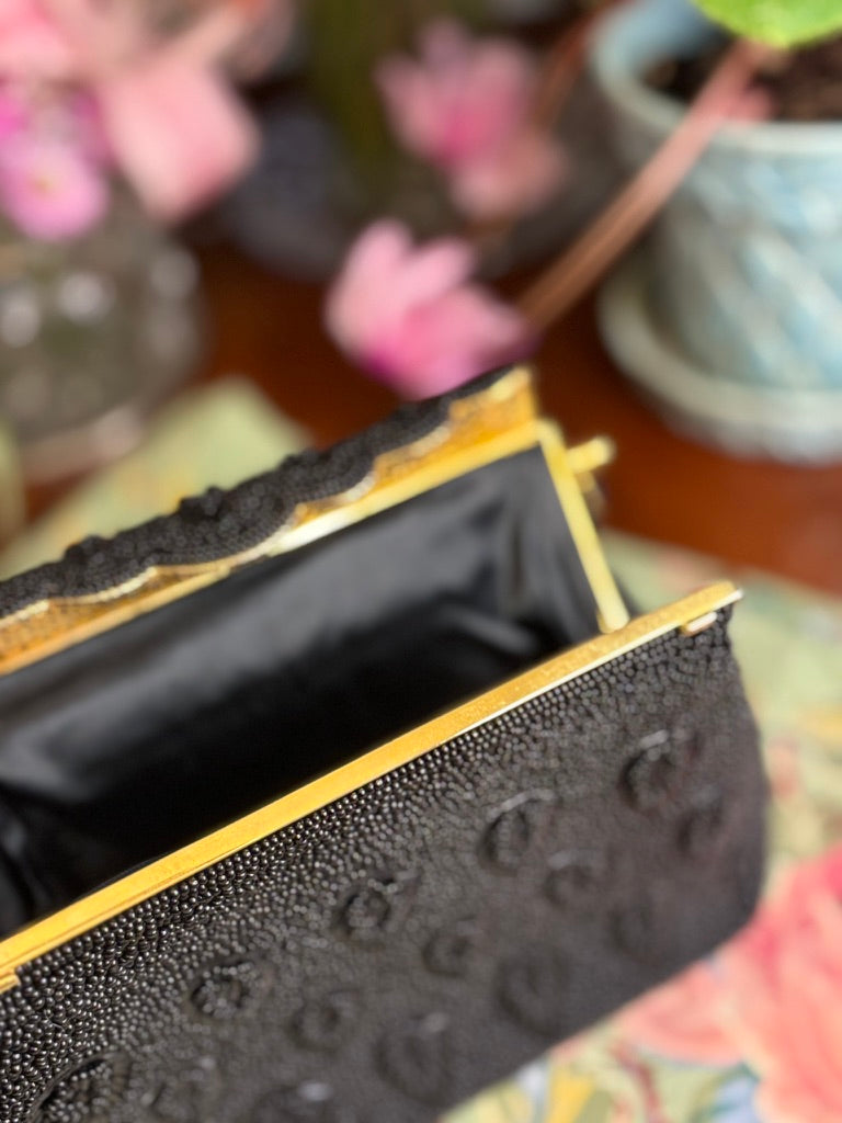 Vintage Black Glass Beaded Evening Bag | Leaf Motif | Gold Frame Top Handle | 1960s Cocktail Purse