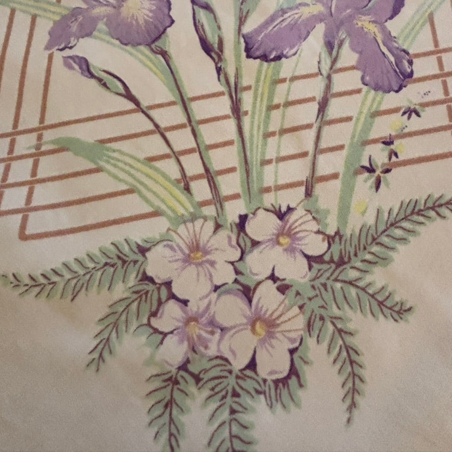 Vintage Floral Tablecloth | Purple Iris & Lattice Border | Mid-Century Cotton Blend | 45 x 52