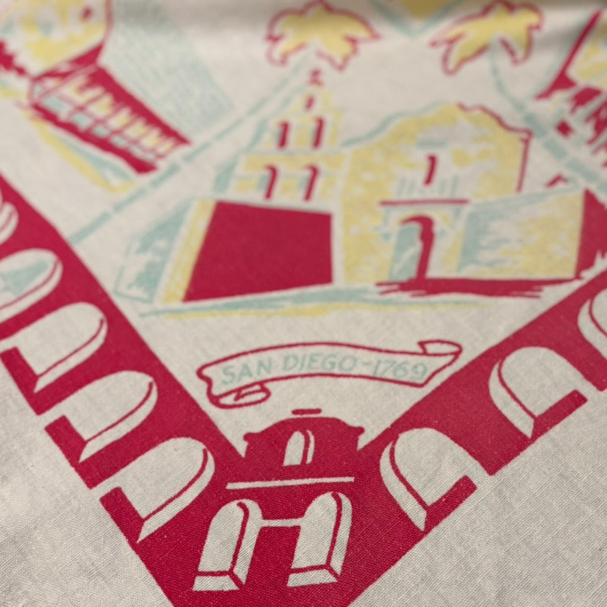 Vintage California Map Tablecloth | Mid-Century West Coast Souvenir Linen in Pink, Butter Yellow & Aqua | 58 x 50