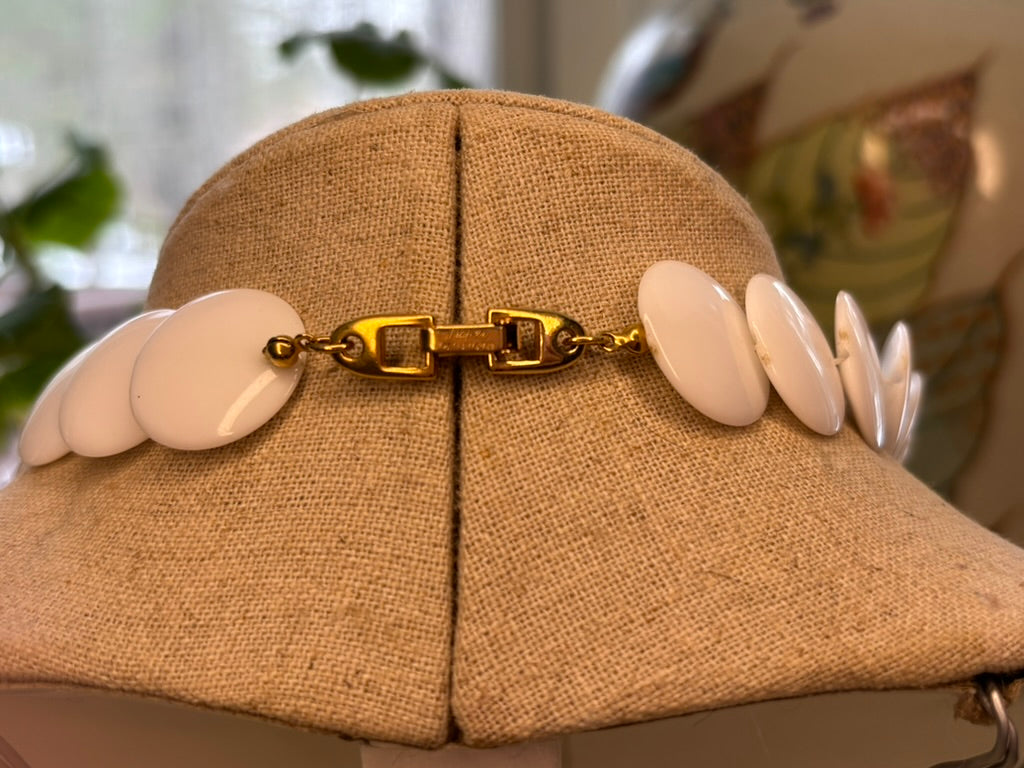 Vintage Napier White Lucite Disc Necklace with Gold Crescent Spacers