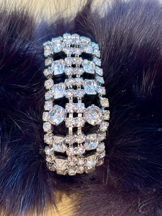 Vintage 1950s Rhinestone Statement Bracelet | Wide Silver Tone Crystal Glamour