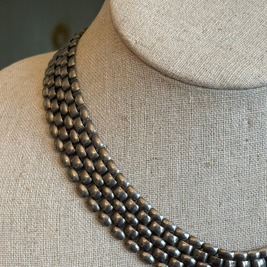 Vintage Silver Tone Chainmail Necklace | 5 Strand Brick Link Collar Statement Necklace
