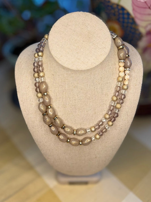 Vintage Long Lucite & Glass Bead Necklace – Taupe, Cream & Gold Accents