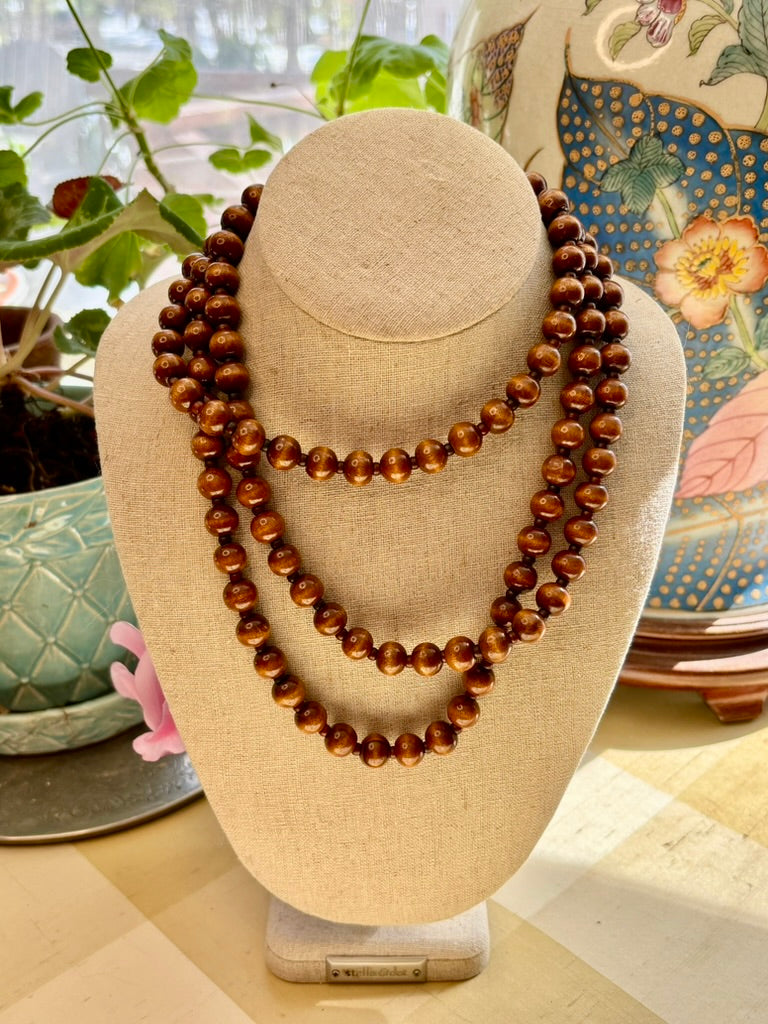 Vintage 1970s Wooden Bead Necklace | Long Single Strand Natural Wood | Boho Classic