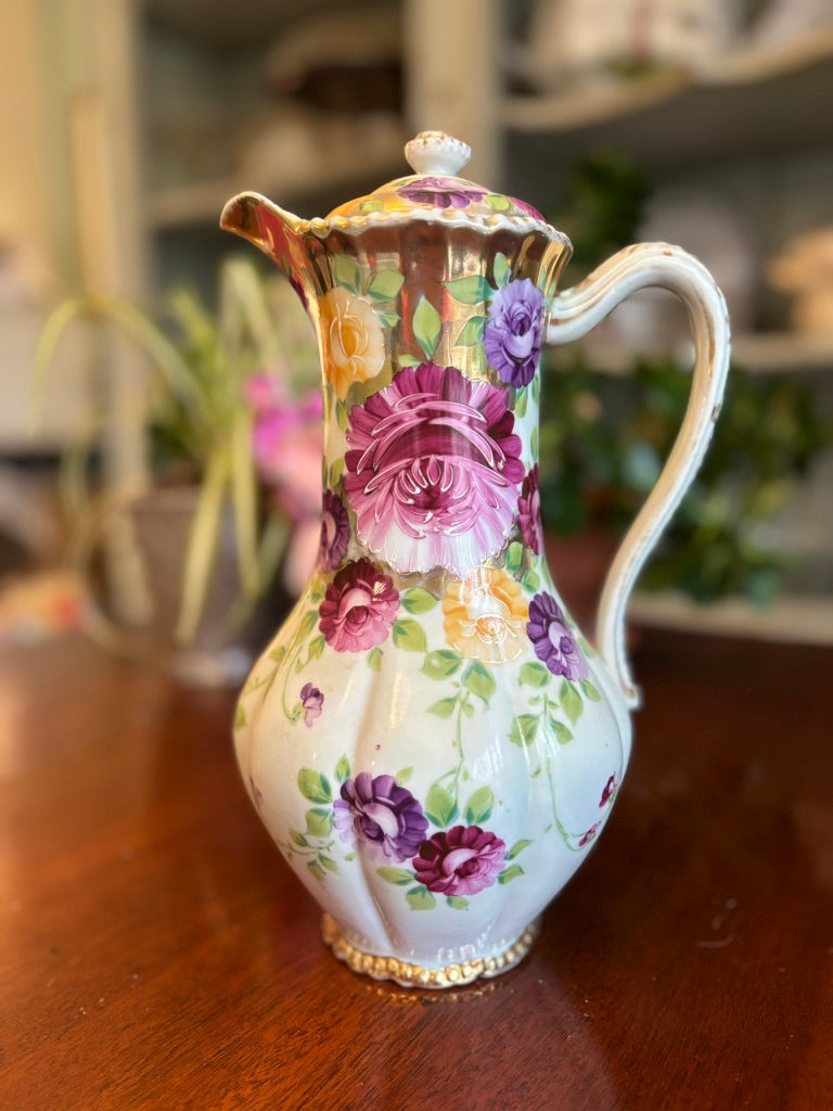 Antique Hand-Painted Porcelain Chocolate Pot • Floral Gilt European Decor • 11” Tall