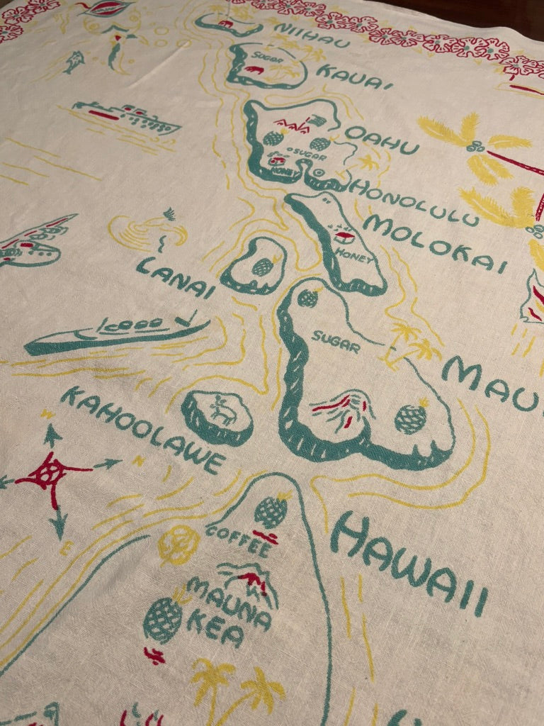 Vintage Hawaii “Paradise of the Pacific” Tablecloth | Mid-Century Island Map Print Linen