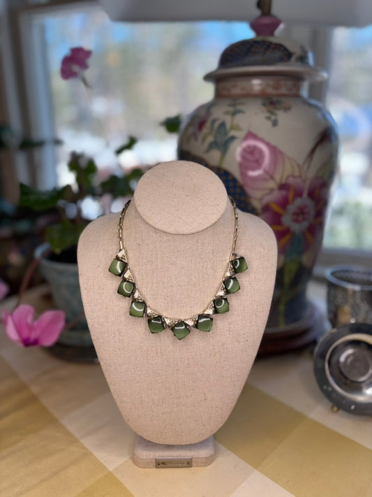 Vintage Coro Green Glass Statement Necklace – 1950s Mid-Century Geometric Gold Tone