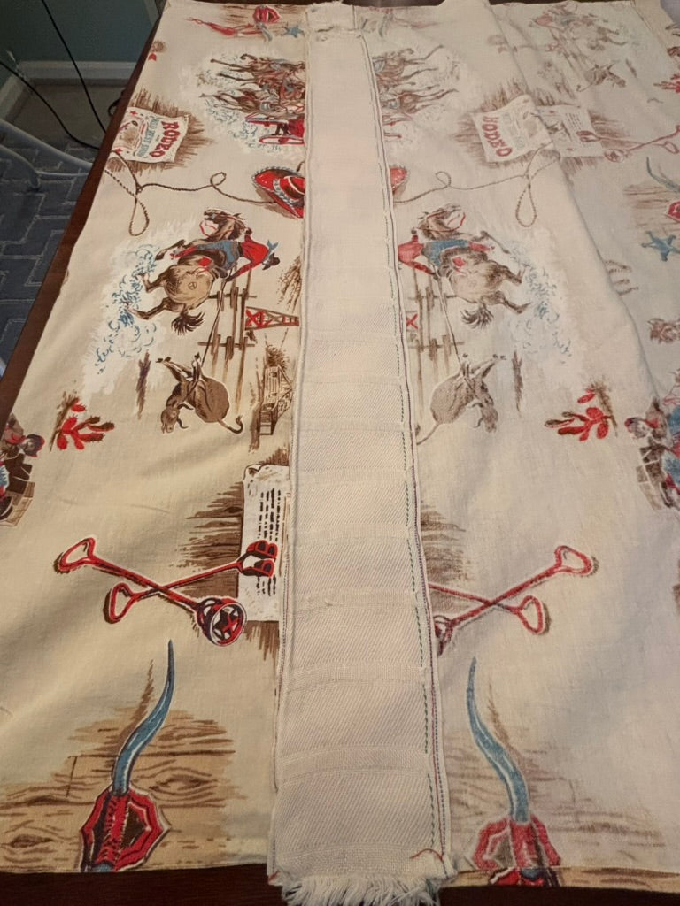 Vintage Western Americana Textile Bundle | Rodeo Panel + Southwestern Café Curtains | Mid-Century Novelty Cotton Set