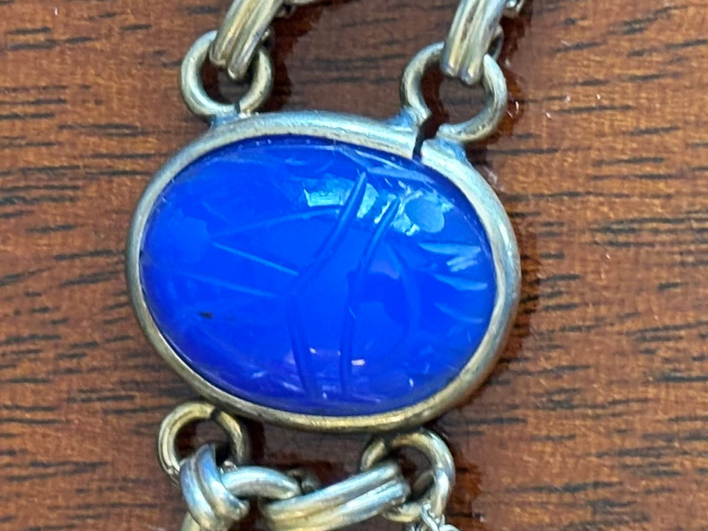 Vintage Egyptian Revival Scarab Bracelet Mixed Stone Cabochons Gold Tone 7”