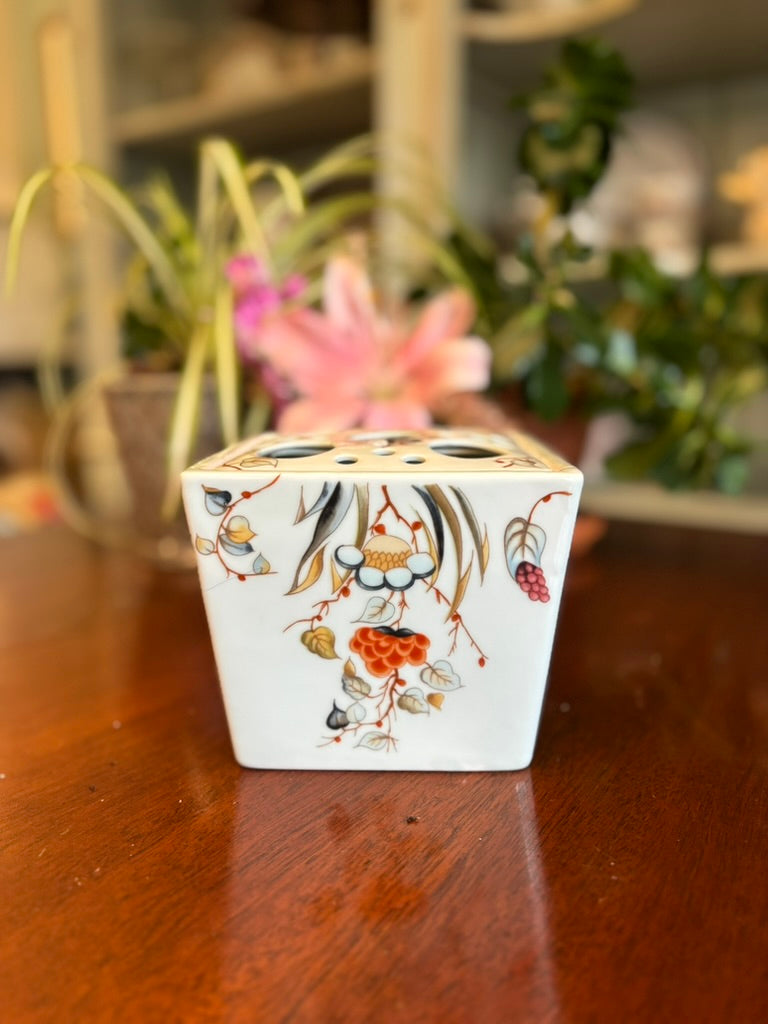 Vintage Porcelain Flower Frog Vase – Hand Painted Botanical Cube Posy Holder – Ikebana Floral Arranging Block