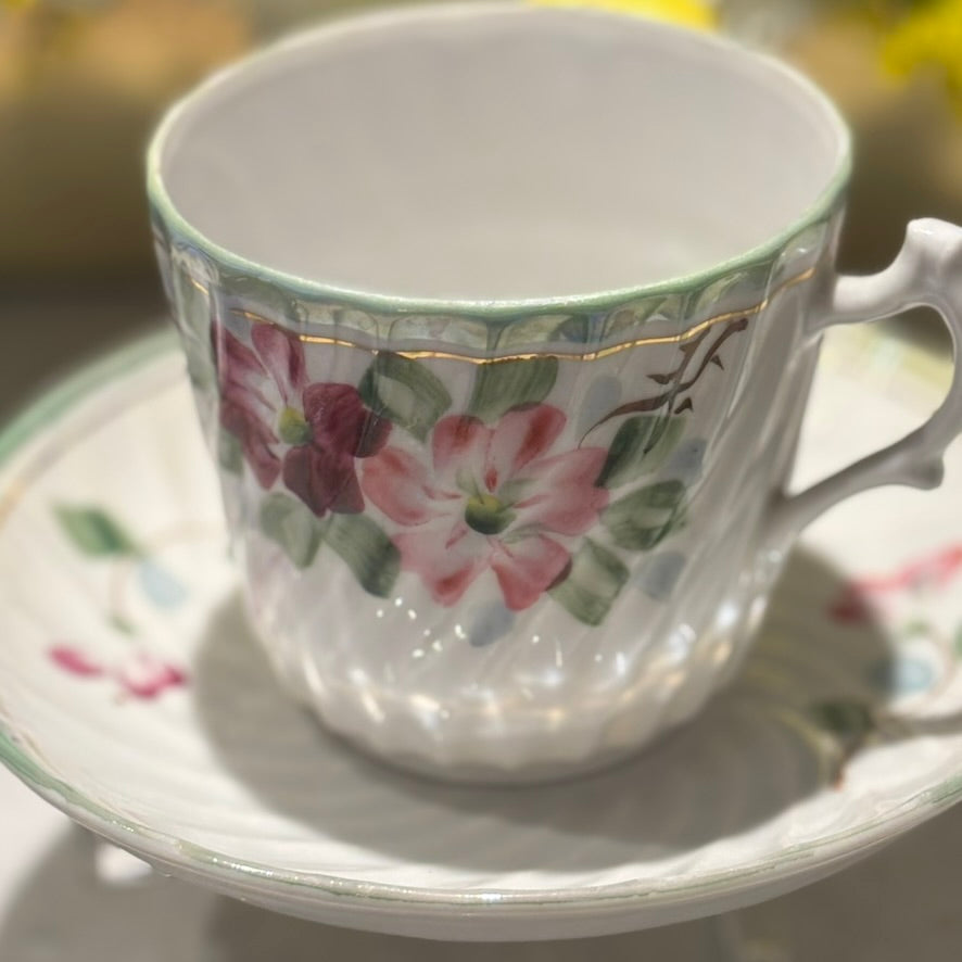 Vintage Japanese Hand-Painted Floral Teacup & Saucer Set | Mid-Century Porcelain with Gold Trim $28