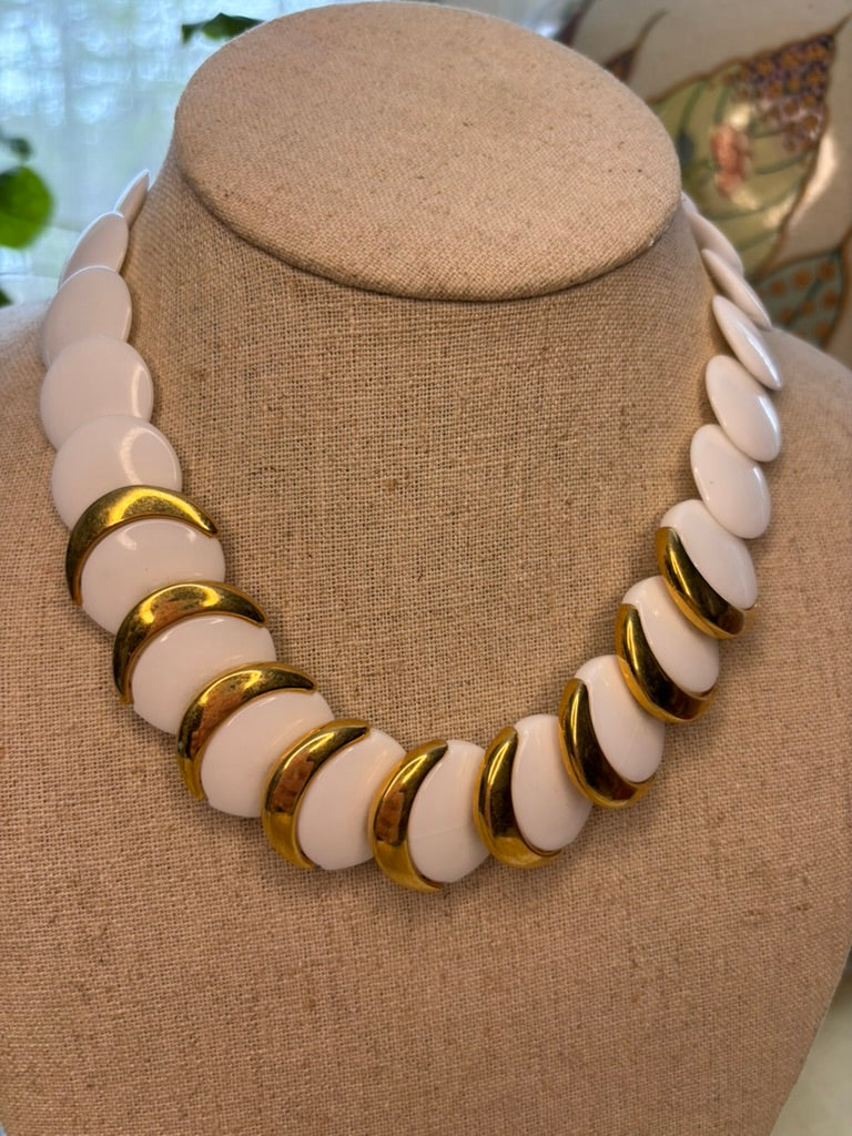 Vintage Napier White Lucite Disc Necklace with Gold Crescent Spacers