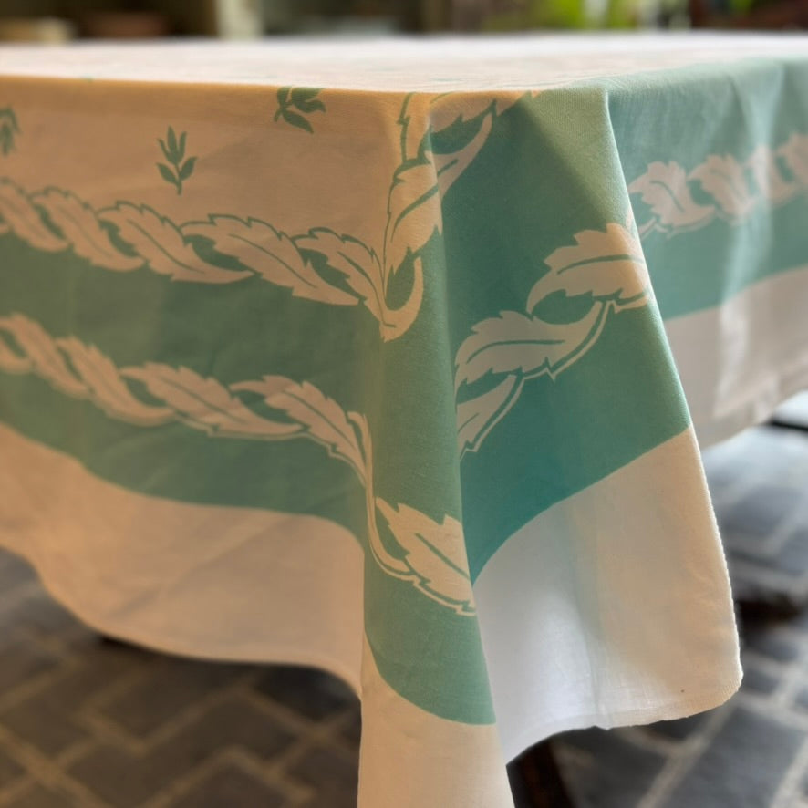 Vintage Mid-Century Teal Laurel Wreath Tablecloth Set | Graphic Border Cloth with 8 Matching Napkins