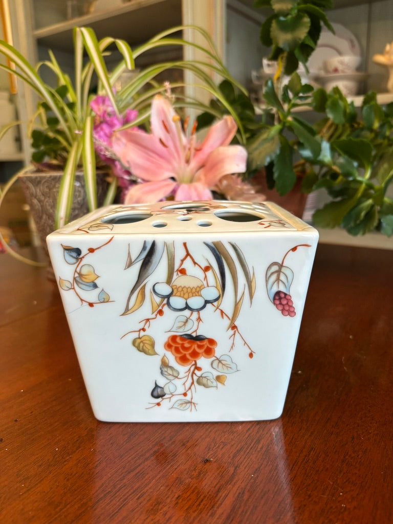 Vintage Porcelain Flower Frog Vase – Hand Painted Botanical Cube Posy Holder – Ikebana Floral Arranging Block