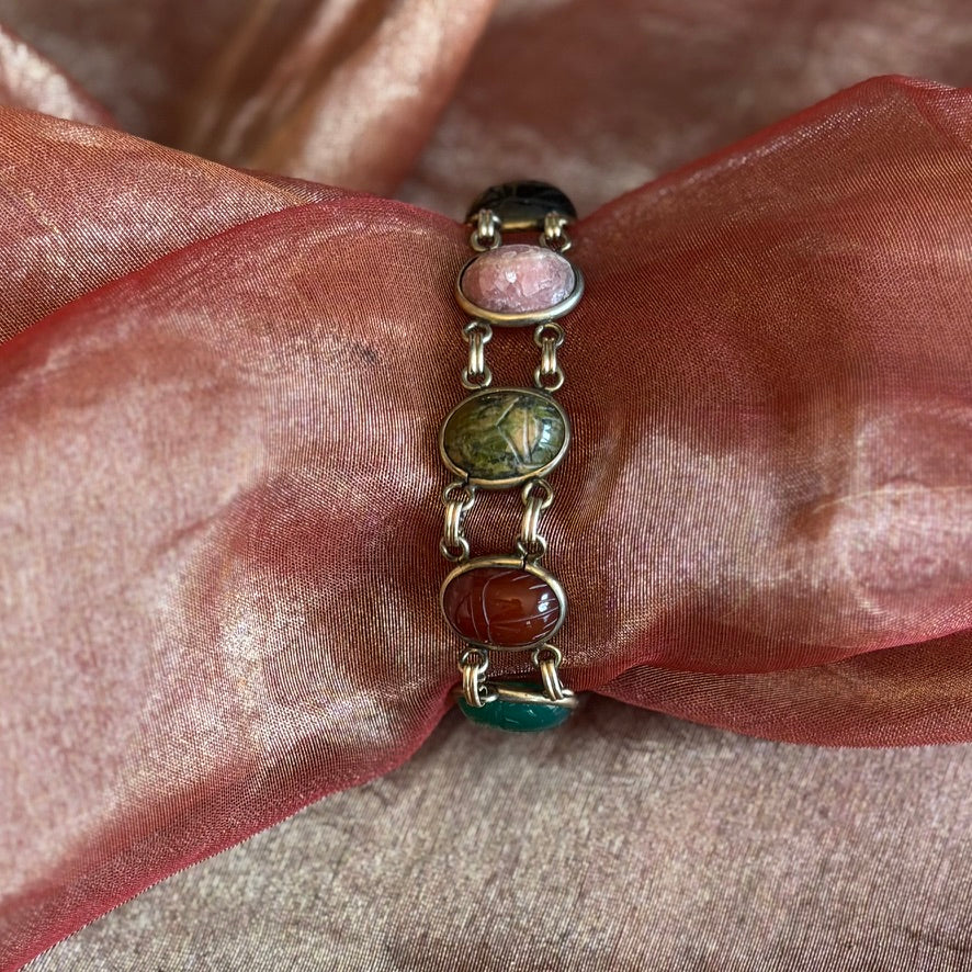 Vintage Egyptian Revival Scarab Bracelet Mixed Stone Cabochons Gold Tone 7”