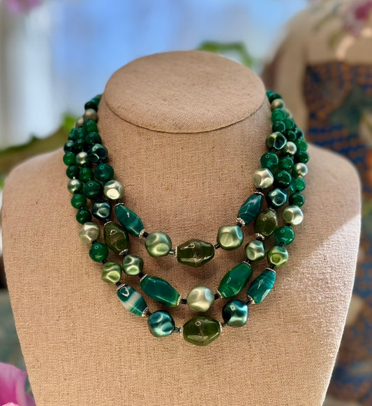 Vintage 1970s Green Lucite Three-Strand Statement Necklace