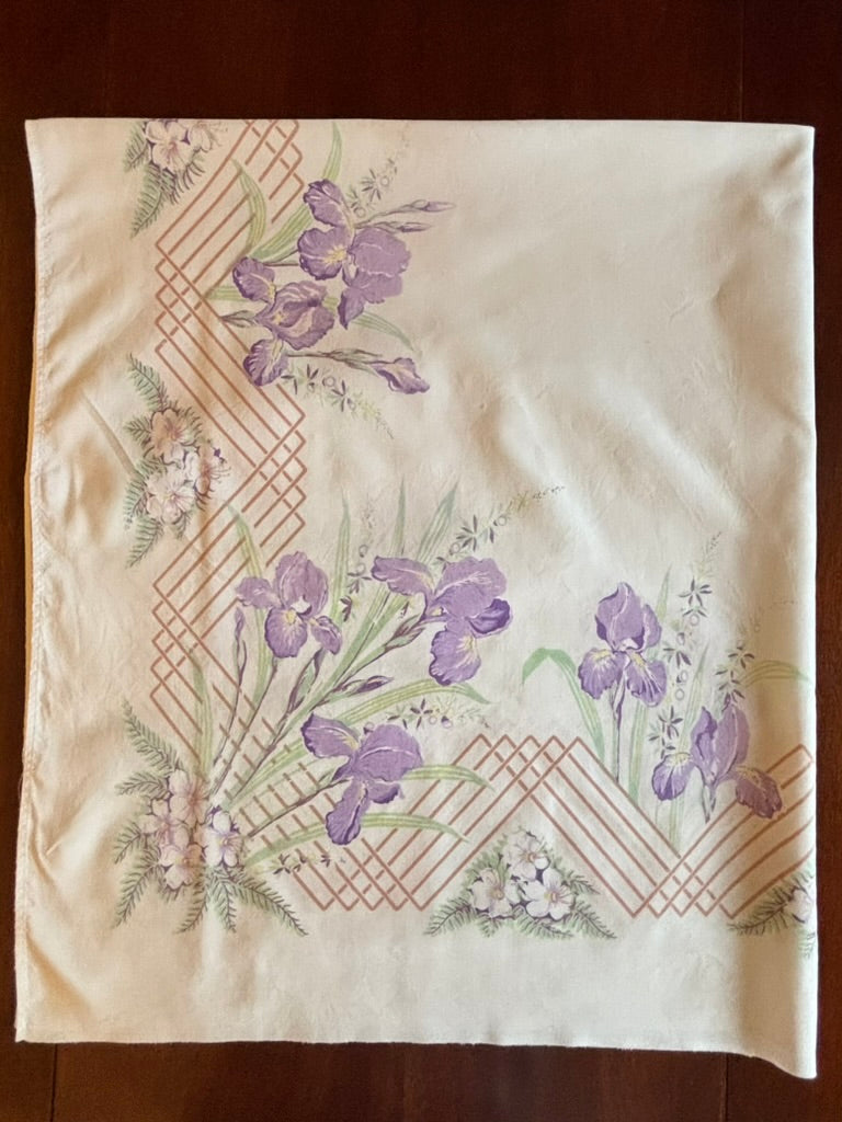 Vintage Floral Tablecloth | Purple Iris & Lattice Border | Mid-Century Cotton Blend | 45 x 52
